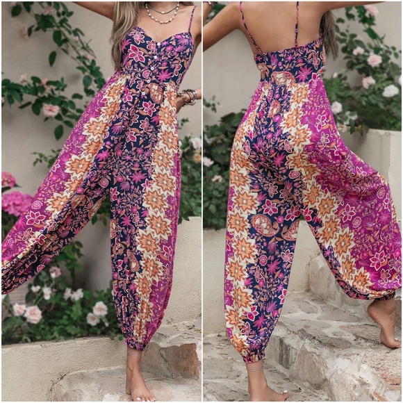 Boho Floral Print Cottagecore Cami Jumper Jumpsuit - Picture 3 of 4